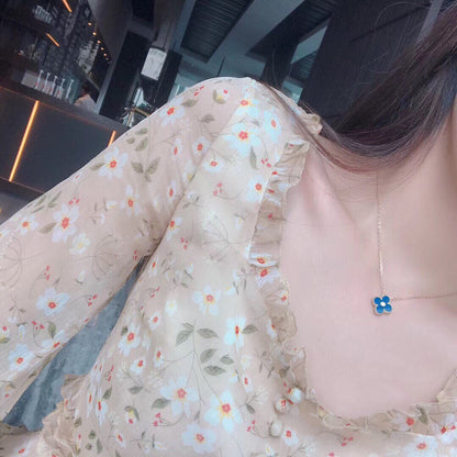 [Super Jewellery]CLOVER 15MM DIAMOND AND BLUE AGATE NECKLACE