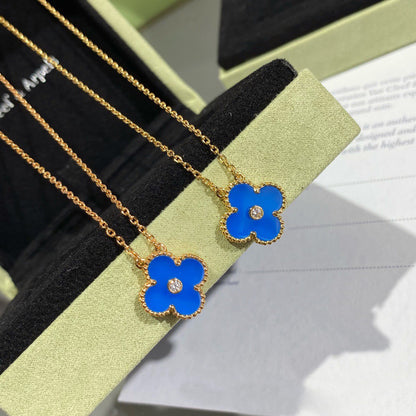 [Super Jewellery]CLOVER 15MM DIAMOND AND BLUE AGATE NECKLACE