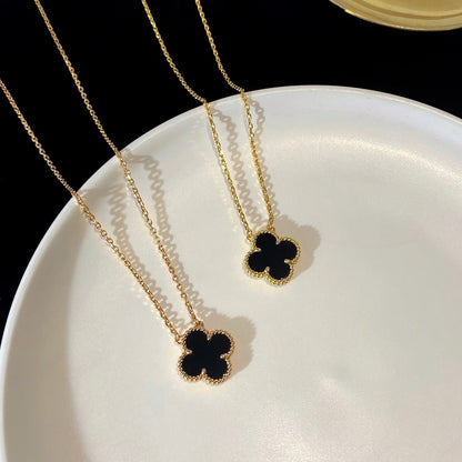 [Super Jewellery]CLOVER 15MM BLACK ONYX SINGLE FLOWER NECKLACE