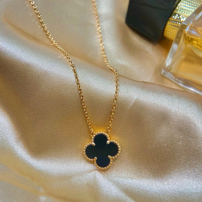 [Super Jewellery]CLOVER 15MM BLACK ONYX SINGLE FLOWER NECKLACE