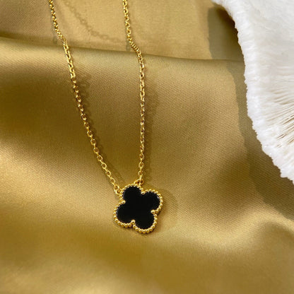 [Super Jewellery]CLOVER 15MM BLACK ONYX SINGLE FLOWER NECKLACE