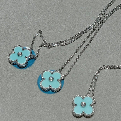 [Super Jewellery]CLOVER 1 DIAMOND LIGHT BLUE SILVER NECKLACE