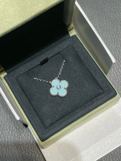 [Super Jewellery]CLOVER 1 DIAMOND LIGHT BLUE SILVER NECKLACE