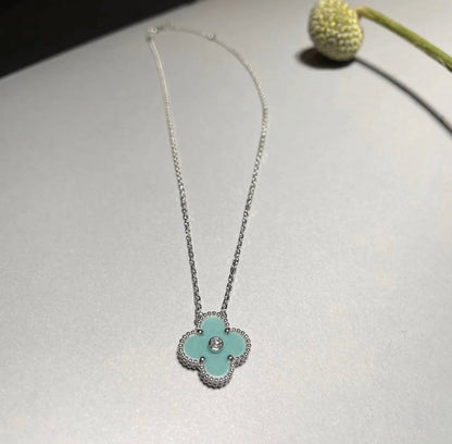 [Super Jewellery]CLOVER 1 DIAMOND LIGHT BLUE SILVER NECKLACE