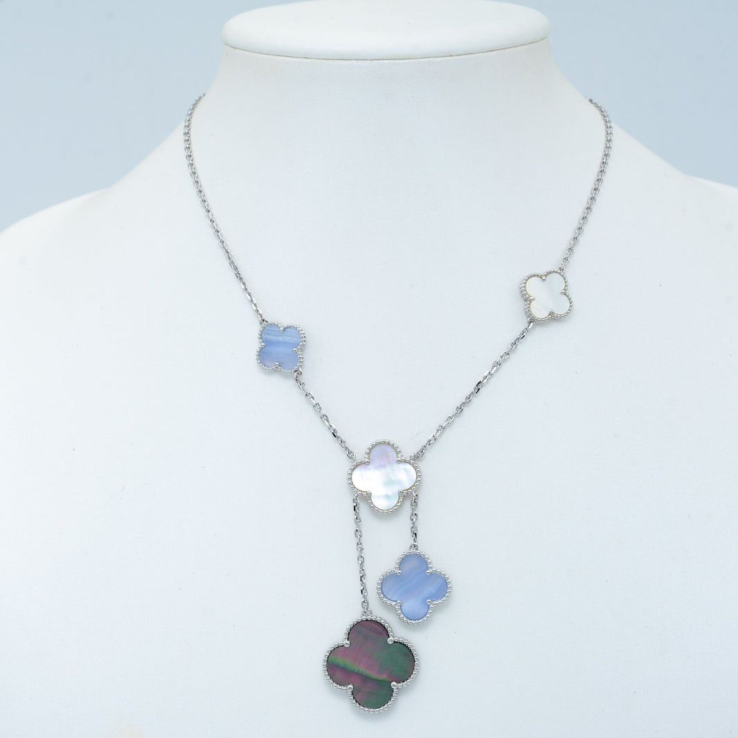 [Super Jewellery]CLOVER MOP CHALCEDONY NECKLACE SILVER 6 MOTIF