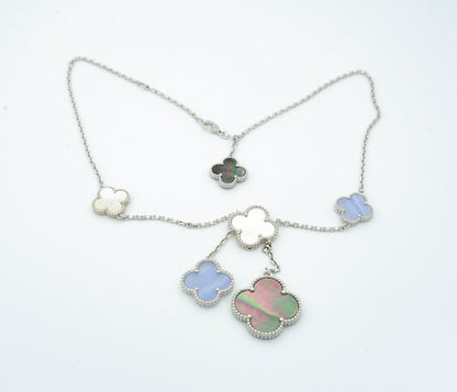 [Super Jewellery]CLOVER MOP CHALCEDONY NECKLACE SILVER 6 MOTIF