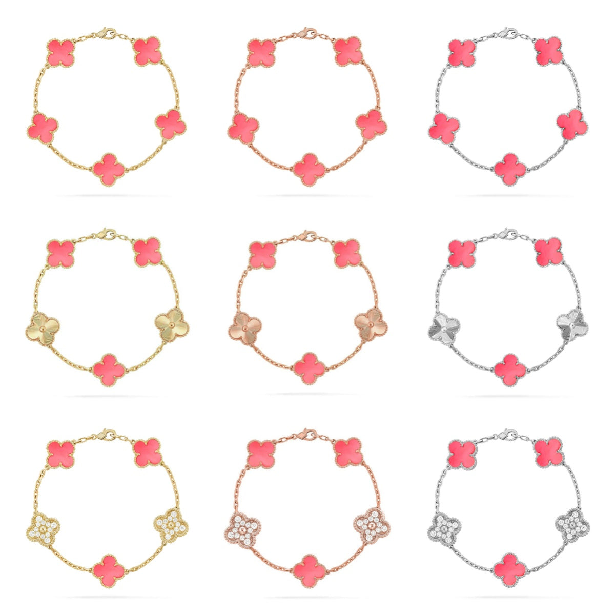 [Super CiCi ] KOLLEKTION: ARMBAND MIT 5 KLEEBLATT-MOTIVEN AUS PINKEM PERLMUTT