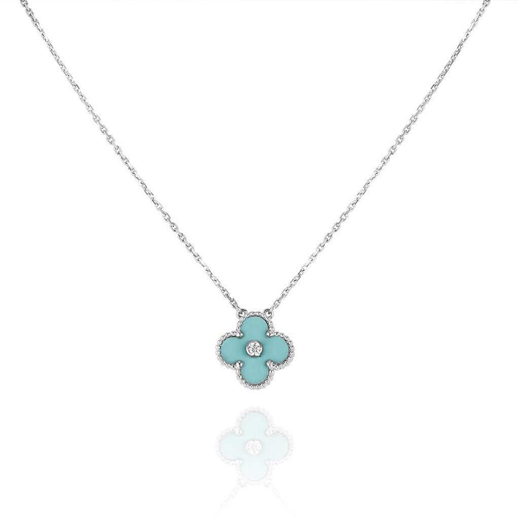 [Super Jewellery]CLOVER 1 DIAMOND LIGHT BLUE SILVER NECKLACE