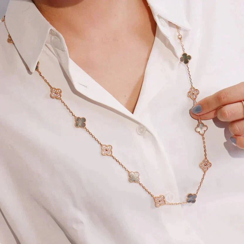[Super Jewellery]CLOVER 20 MOTIFS DARK MOP DIAMOND  NECKLACE