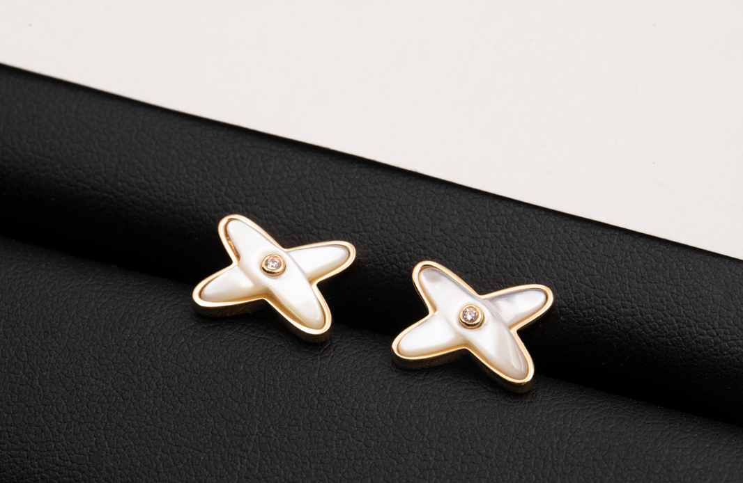 [Super Jewellery]JEUX DE WHITE MOP ROSE GOLD DIAMOND EARRINGS