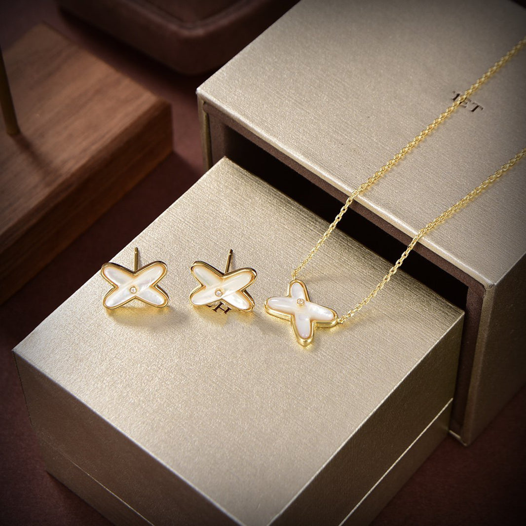 [Super Jewellery]JEUX DE WHITE MOP GOLD DIAMOND EARRINGS