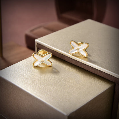 [Super Jewellery]JEUX DE WHITE MOP GOLD DIAMOND EARRINGS
