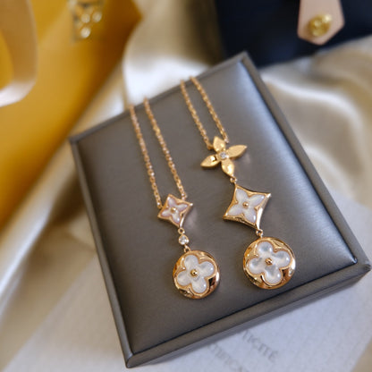 [Super Jewellery]COLOR BLOSSOM LARIAT NECKLACE PINK GOLD WHITE MOTHER PEARL AND DIAMOND