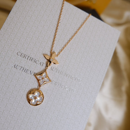 [Super Jewellery]COLOR BLOSSOM LARIAT NECKLACE PINK GOLD WHITE MOTHER PEARL AND DIAMOND
