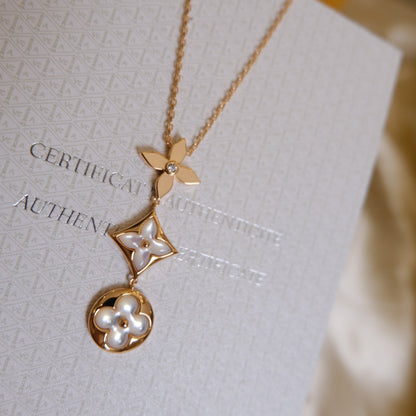 [Super Jewellery]COLOR BLOSSOM LARIAT NECKLACE PINK GOLD WHITE MOTHER PEARL AND DIAMOND