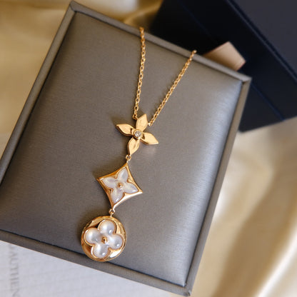 [Super Jewellery]COLOR BLOSSOM LARIAT NECKLACE PINK GOLD WHITE MOTHER PEARL AND DIAMOND