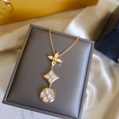 [Super Jewellery]COLOR BLOSSOM LARIAT NECKLACE PINK GOLD WHITE MOTHER PEARL AND DIAMOND