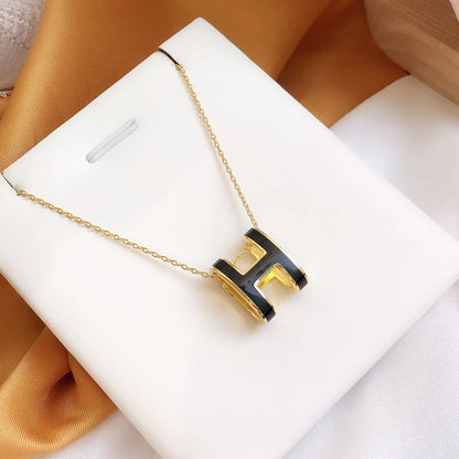 [Super Jewellery]HM CLIC BLACK ENAMEL GOLD NECKLACE