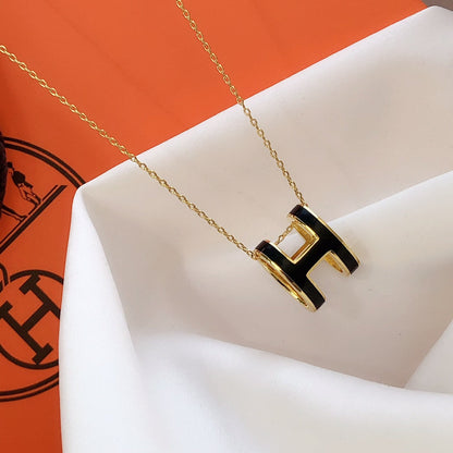 [Super Jewellery]HM CLIC BLACK ENAMEL GOLD NECKLACE