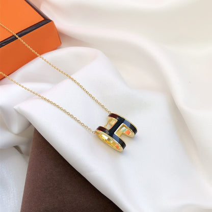 [Super Jewellery]HM CLIC BLACK ENAMEL GOLD NECKLACE
