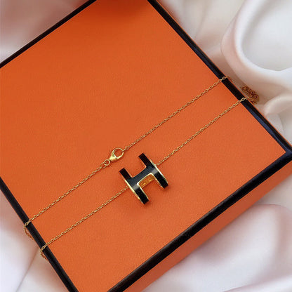 [Super Jewellery]HM CLIC BLACK ENAMEL GOLD NECKLACE