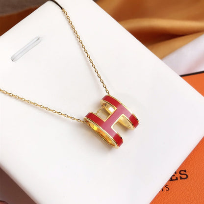 [Super Jewellery]HM CLIC RED ENAMEL GOLD NECKLACE