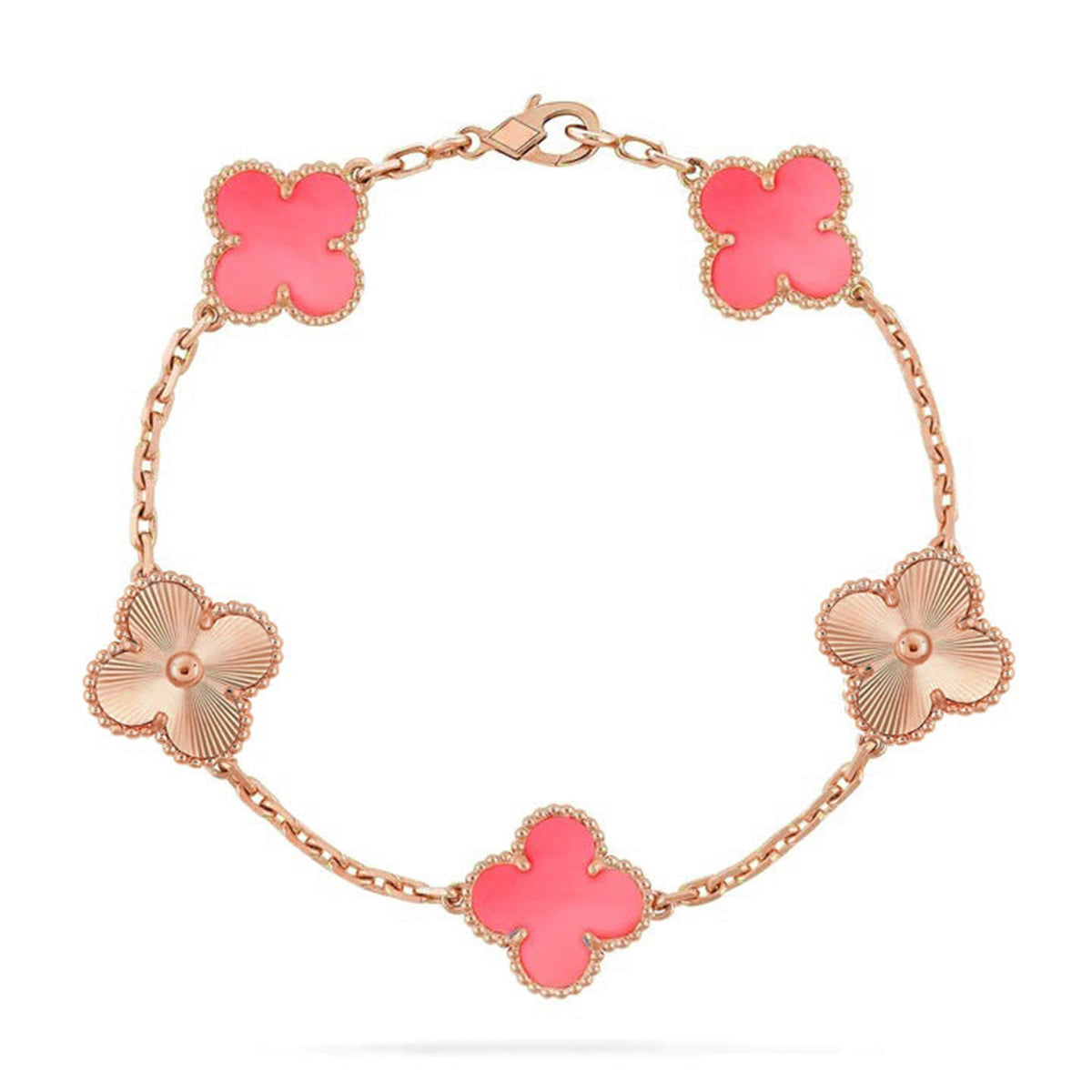 [Super CiCi ] KOLLEKTION: ARMBAND MIT 5 KLEEBLATT-MOTIVEN AUS PINKEM PERLMUTT