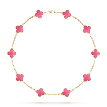 [Super CiCi]NEW CLOVER 10 MOTIFS PINK ENAMEL NECKLACE