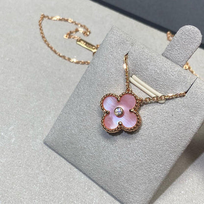 [Super Jewellery]CLOVER 15MM DIAMOND PINK MOP NECKLACE