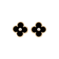 [Super Jewellery]CLOVER MEDIUM 1 MOTIFS ONYX DIAMOND EARRINGS
