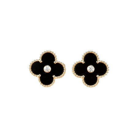 [Super Jewellery]CLOVER MEDIUM 1 MOTIFS ONYX DIAMOND EARRINGS