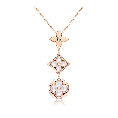 [Super Jewellery]COLOR BLOSSOM LARIAT NECKLACE PINK GOLD WHITE MOTHER PEARL AND DIAMOND