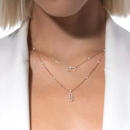 [Super Jewellery]2 Rows Rose Gold Diamond Pave_ Necklace Move Uno