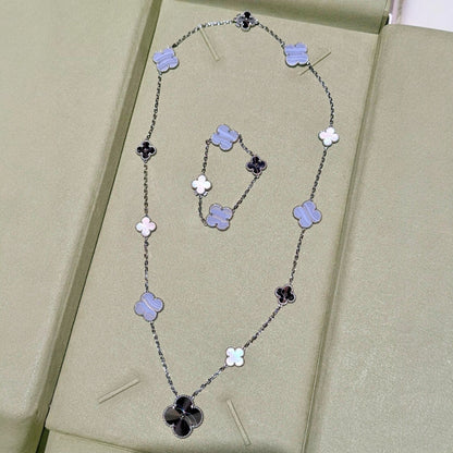 [Super Jewellery]DETACHABLE CLOVER 15(11+4) FLOWER SILVER NECKLACE SET