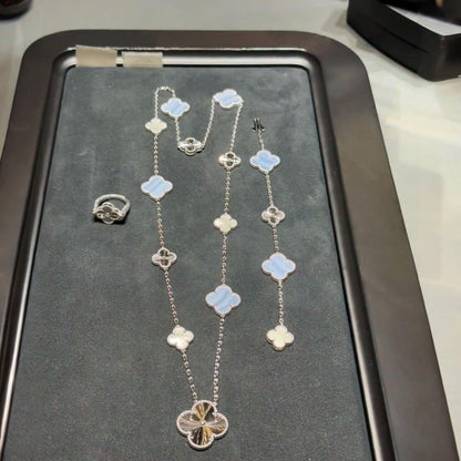 [Super Jewellery]DETACHABLE CLOVER 15(11+4) FLOWER SILVER NECKLACE SET