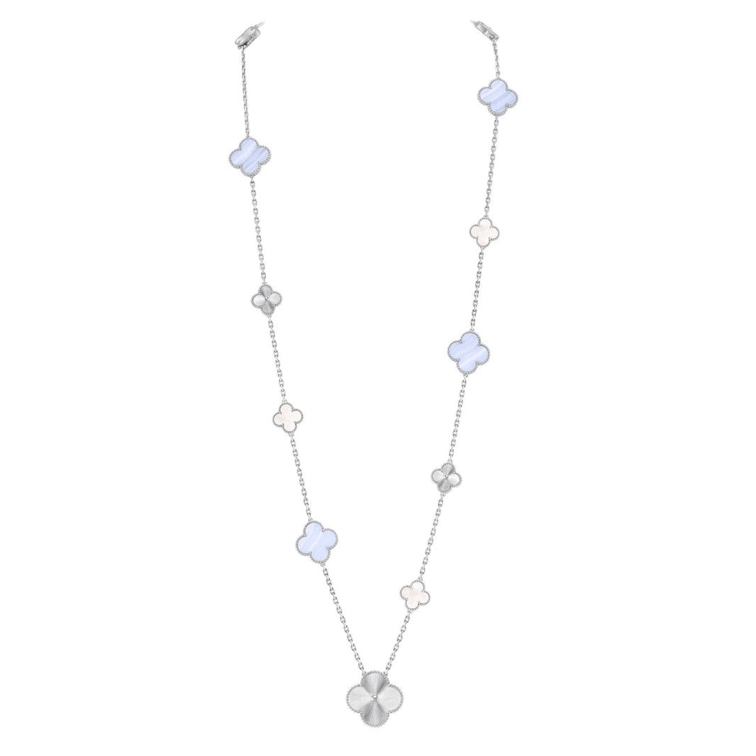 [Super Jewellery]DETACHABLE CLOVER 15(11+4) FLOWER SILVER NECKLACE SET