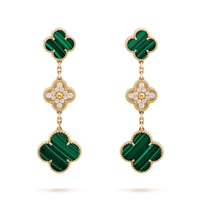 [Super Jewellery]CLOVER EARRINGS GOLD MALACHITE DIAMOND 3 MOTIF