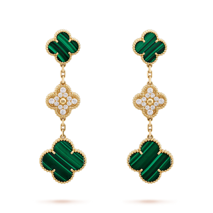 [Super Jewellery]CLOVER EARRINGS GOLD MALACHITE DIAMOND 3 MOTIF