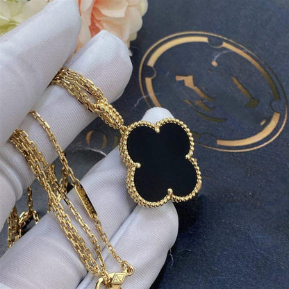 [Super Jewellery]CLOVER 25MM GOLD ONYX BIG CLOVER NECKLACE