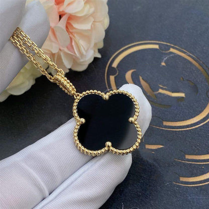 [Super Jewellery]CLOVER 25MM GOLD ONYX BIG CLOVER NECKLACE