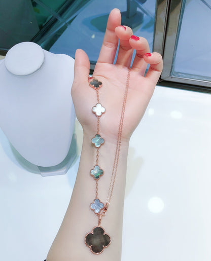 [Super Jewellery]COMBINED BRACELET 5 MOTIFS AND NECKLACE DARK MOP ROSE GOLD