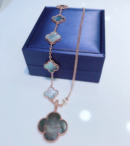 [Super Jewellery]COMBINED BRACELET 5 MOTIFS AND NECKLACE DARK MOP ROSE GOLD
