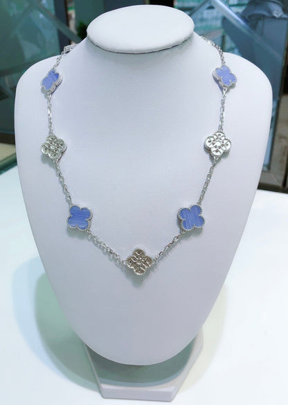 [Super Jewellery]CLOVER 10 MOTIFS CHALCEDONY DIAMONDS SILVER NECKLACE