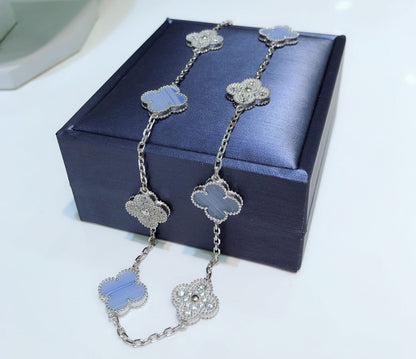 [Super Jewellery]CLOVER 10 MOTIFS CHALCEDONY DIAMONDS SILVER NECKLACE