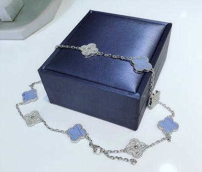 [Super Jewellery]CLOVER 10 MOTIFS CHALCEDONY DIAMONDS SILVER NECKLACE