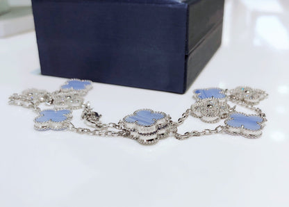 [Super Jewellery]CLOVER 10 MOTIFS CHALCEDONY DIAMONDS SILVER NECKLACE