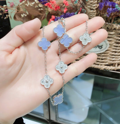 [Super Jewellery]CLOVER 10 MOTIFS CHALCEDONY DIAMONDS SILVER NECKLACE