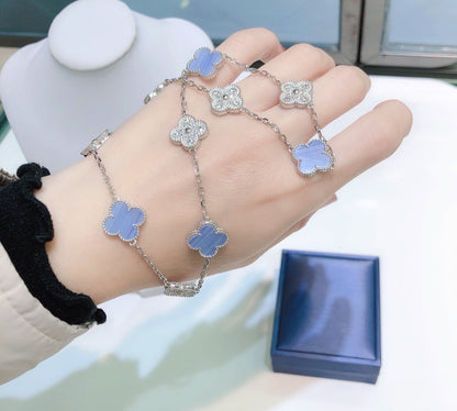 [Super Jewellery]CLOVER 10 MOTIFS CHALCEDONY DIAMONDS SILVER NECKLACE