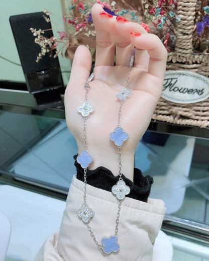 [Super Jewellery]CLOVER 10 MOTIFS CHALCEDONY DIAMONDS SILVER NECKLACE