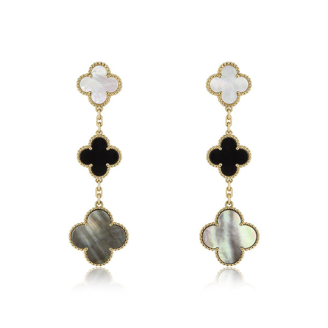 [Super Jewellery]CLOVER EARRINGS GOLD ONYX MOP 3 MOTIF